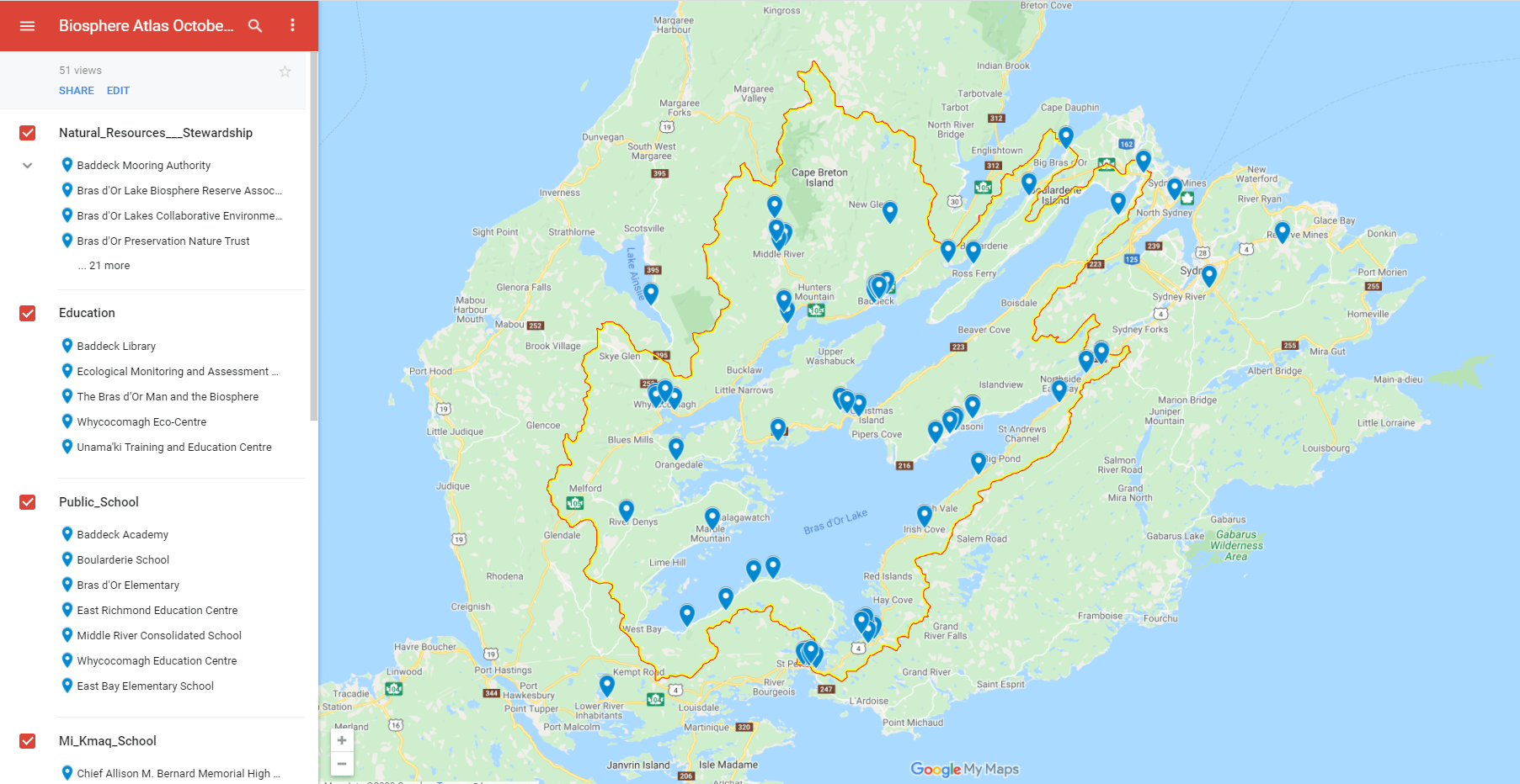 Map of the Bras d'Or Lakes region of Cape Breton Island, Nova Scotia